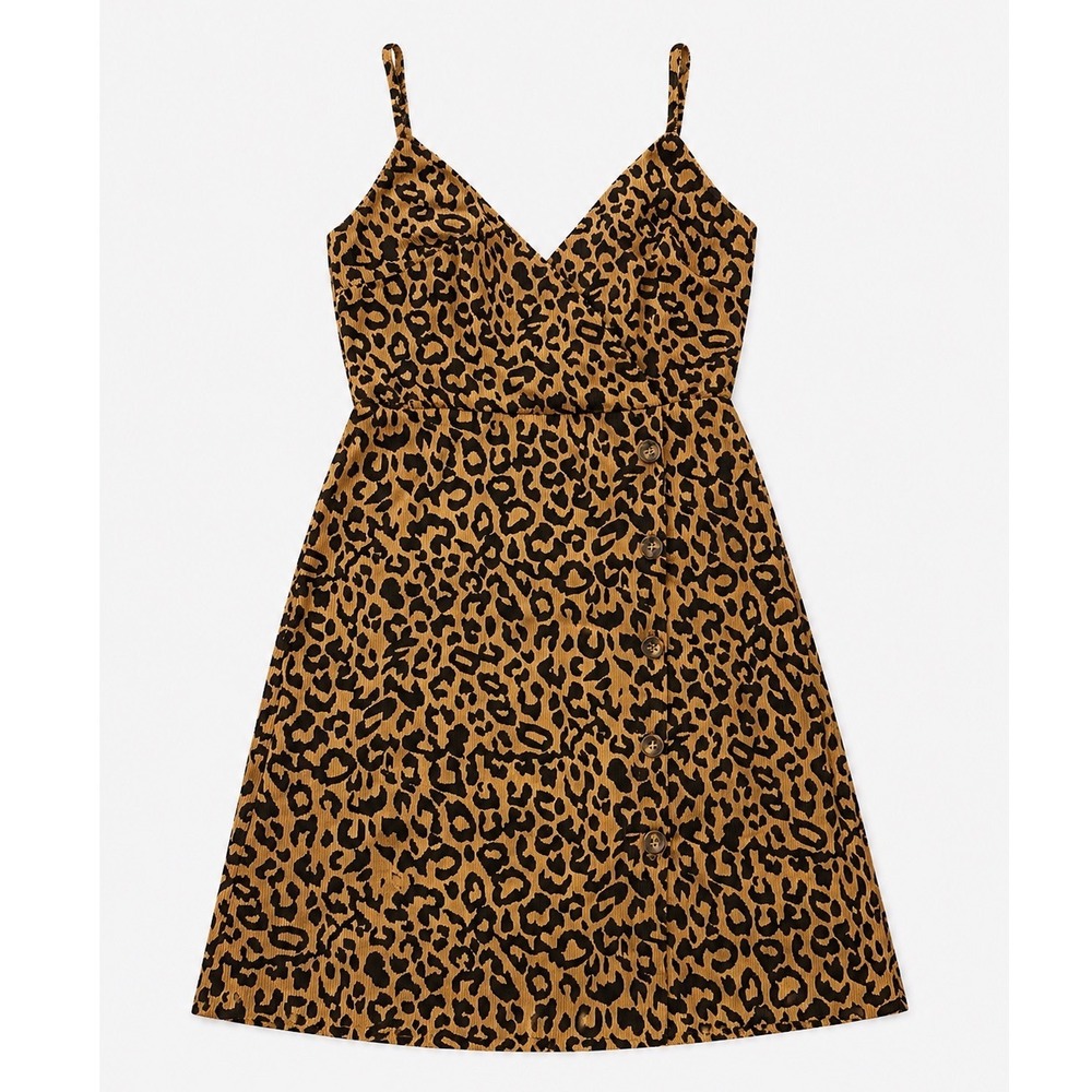 Lush Leopard Print Corduroy Mini Dress Small V-Neck Button Front A-Line
